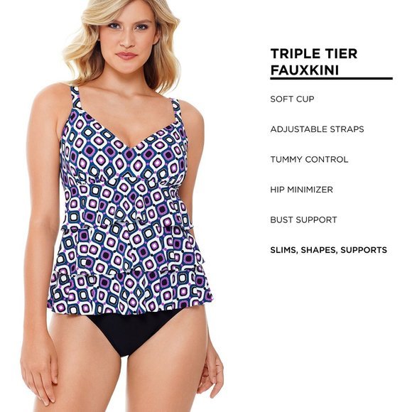 Swim Solutions Jewel Tiered‎ Tummy Control Swimsuit Purple Black - Picture 11 of 11